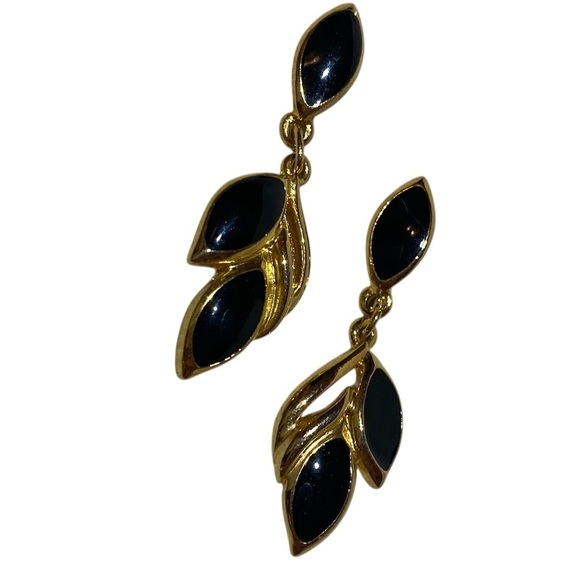 Gold and Black Drop Earrings with Two Leaf Design and Gold Accents - Picture 1 of 4